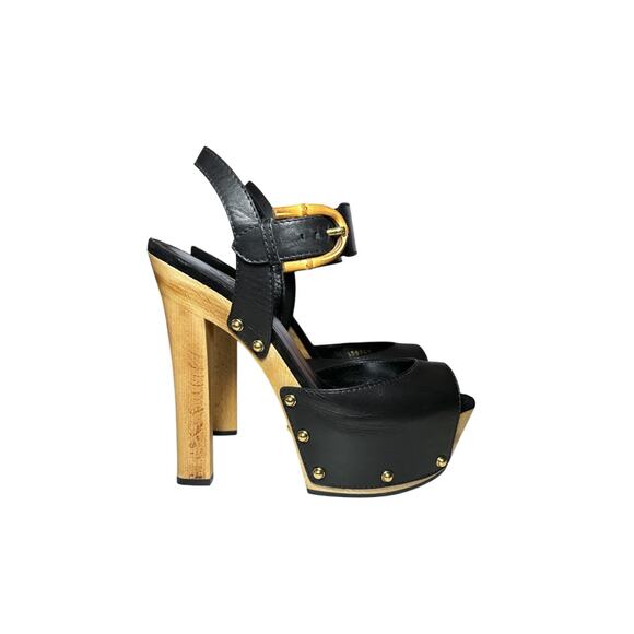 Gucci Black Leather Bamboo Buckle Ankle Strap Wooden Platform Heels Sandals 38.5 - Picture 1 of 10